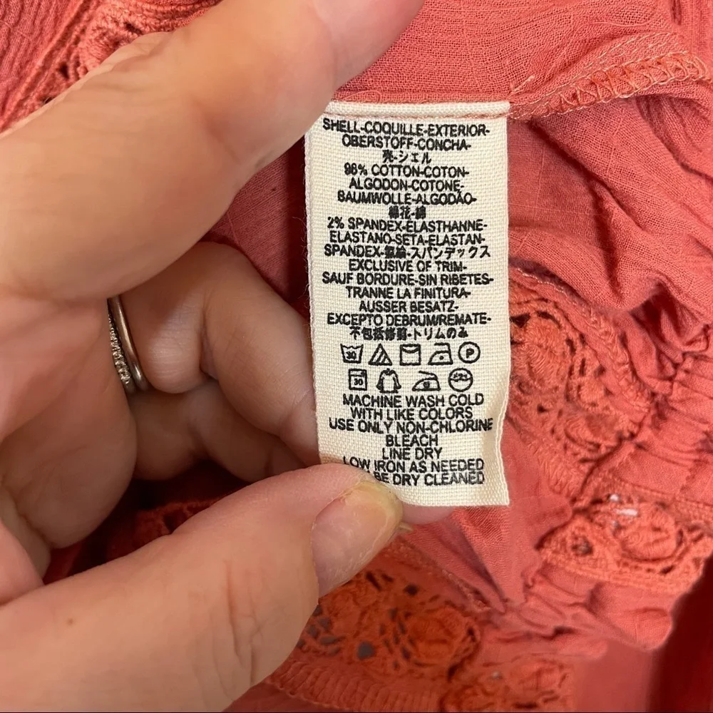Free People Terra Cotta Maria Maria Top Ribbon Tie Gathered Waist Embroidery M